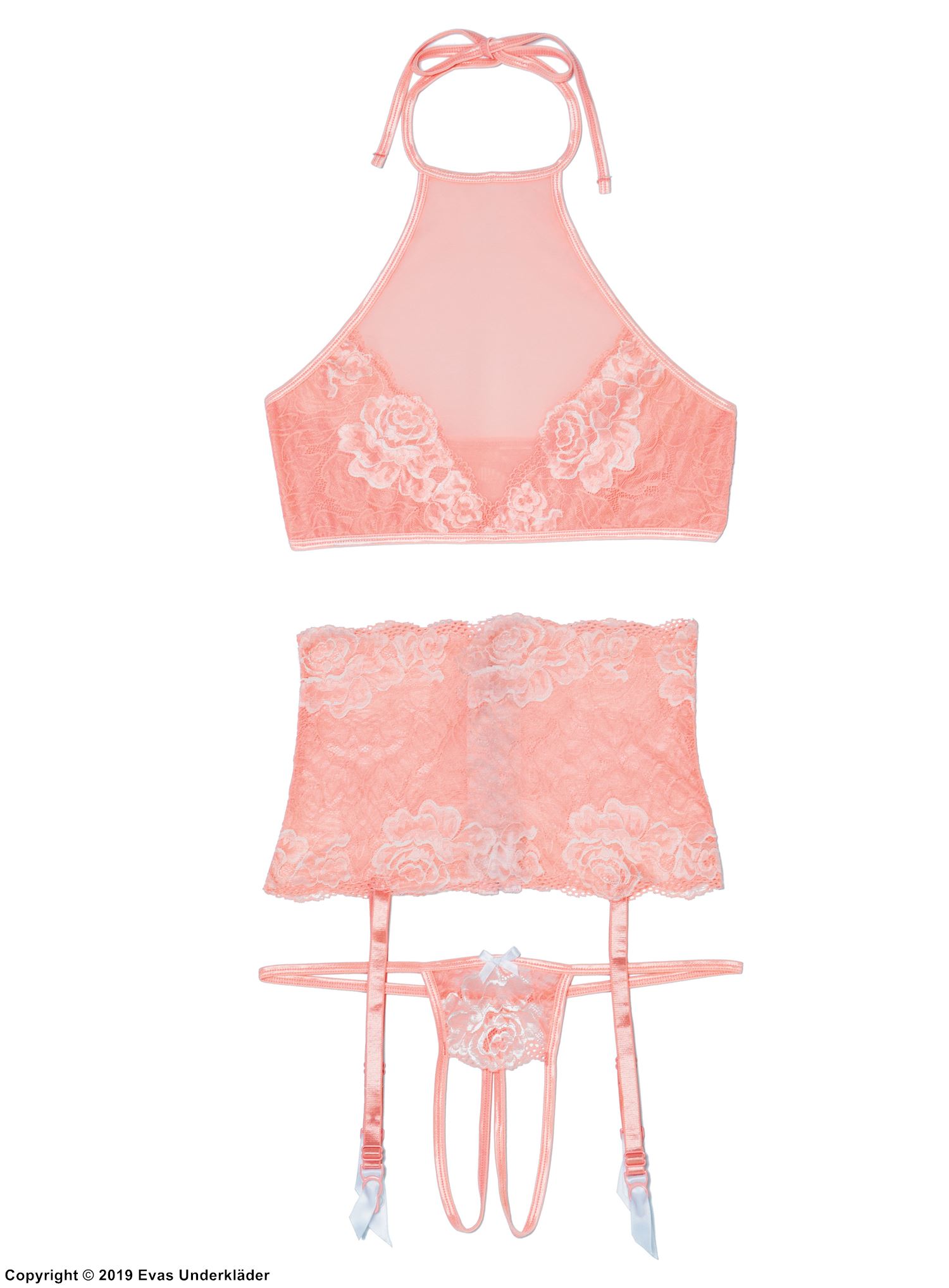 Romantic lingerie set, sheer mesh and lace, halterneck, open crotch, garter belt